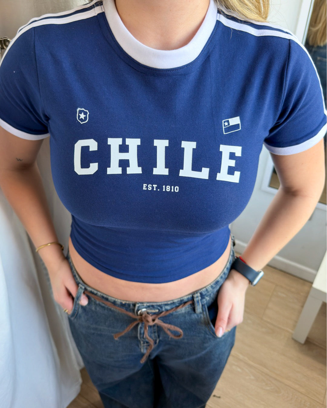 Baby Tee Chile Azul/Blanco Estampada