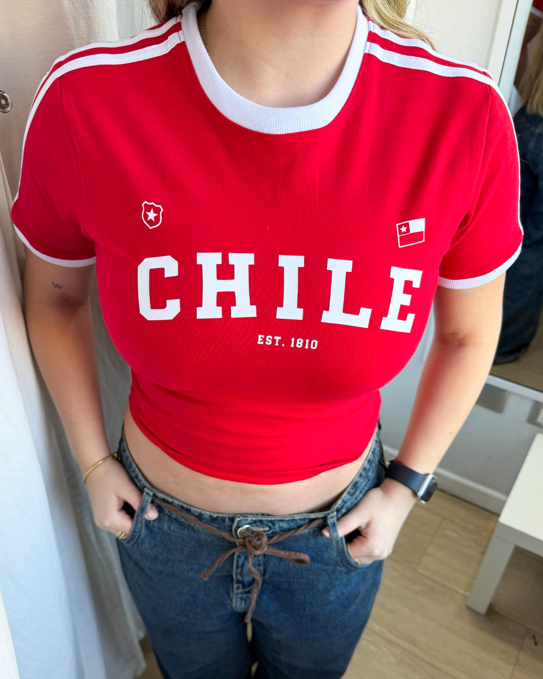 Baby Tee Chile Roja/Blanco Estampada